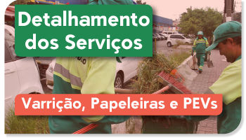 Na foto dois funcionários aparecem de costas, colocando o lixo varrido em uma lixeira, um deles esta com uma vassoura na mão.